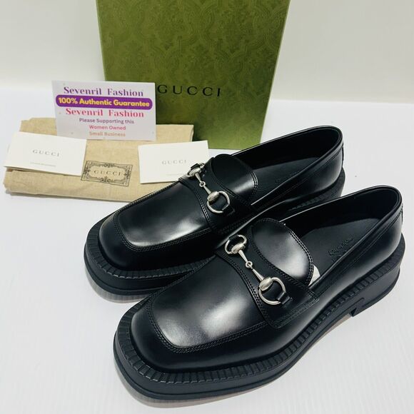 Gucci Horsebit Chunky Loafers Lug Sole Black Leather Shoes G 9/ US 9.5 NIB $990 - Picture 2 of 13